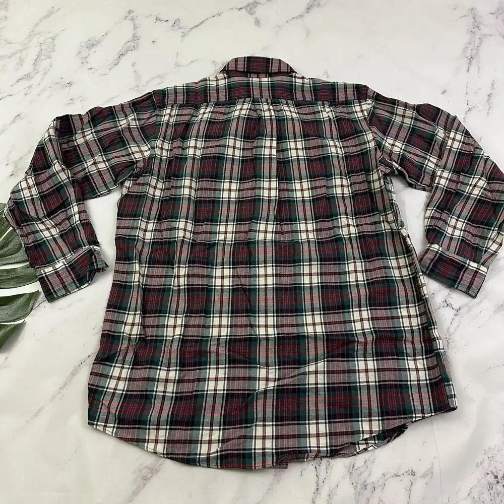 Lands End Mens Vintage 90s Plaid Shirt Size L Red Green Wool Cotton Blend - Picture 7 of 11